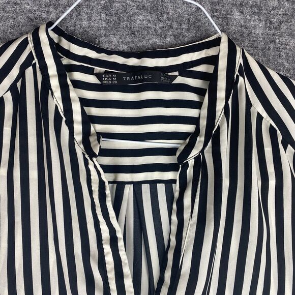 Zara Trafaluc Top Women Medium Black White Stripe Satin - Picture 2 of 11